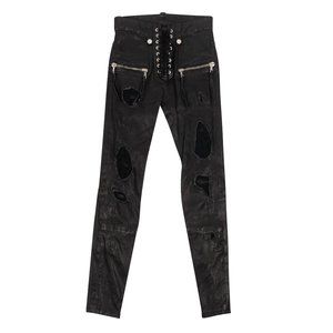 UNRAVEL PROJECT Black Leather Distressed Lace Up Skinny Pants Size 24 $1995